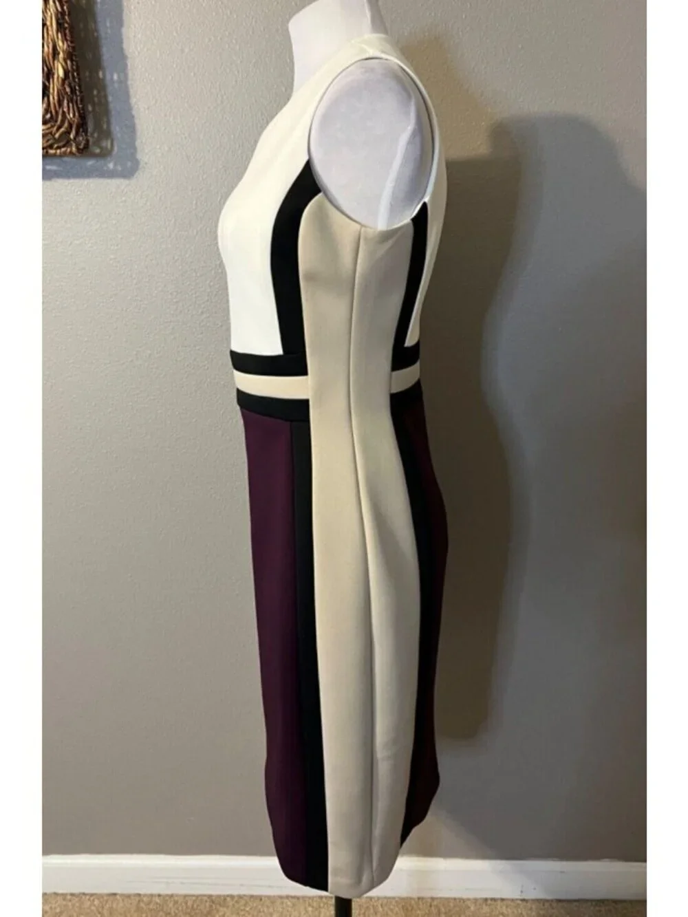 Calvin Klein Dress 8 Black Tan Plum Ivory Stretch Scuba Career Church